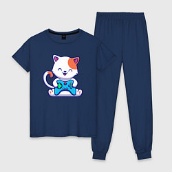 Пижама хлопковая женская Котик с джойстиком, цвет: тёмно-синий