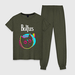 Пижама хлопковая женская The Beatles rock star cat, цвет: меланж-хаки