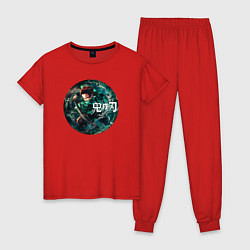 Пижама хлопковая женская Тандзиро - Клинок, рассекающий демонов, цвет: красный