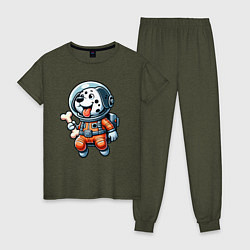 Пижама хлопковая женская Dalmatian cosmonaut puppy with a bone, цвет: меланж-хаки