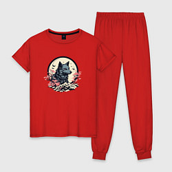 Пижама хлопковая женская Черный волк в горах, цвет: красный