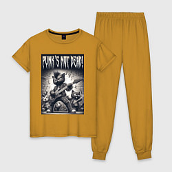 Пижама хлопковая женская Black kitten - punks not dead, цвет: горчичный
