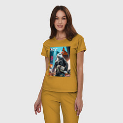 Пижама хлопковая женская Cool hare with a skateboard - ai art, цвет: горчичный — фото 2