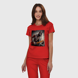 Пижама хлопковая женская Татуированный чёрный котяра рок гитарист, цвет: красный — фото 2