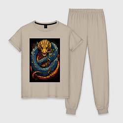Пижама хлопковая женская Муай тай синий дракон, цвет: миндальный