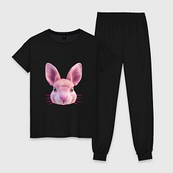 Пижама хлопковая женская Розовый заяц - портрет кролика, цвет: черный