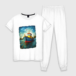 Пижама хлопковая женская Кораблик у причала, цвет: белый