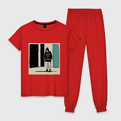 Пижама хлопковая женская Человек в капюшонке с надписью про экзистенциальны, цвет: красный