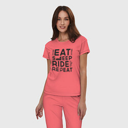 Пижама хлопковая женская Eat sleep ride repeat, цвет: коралловый — фото 2