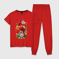 Пижама хлопковая женская Птица красный кардинал среди цветов, цвет: красный