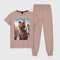 Пижама хлопковая женская Funny cat punk from New York - ai art, цвет: пыльно-розовый