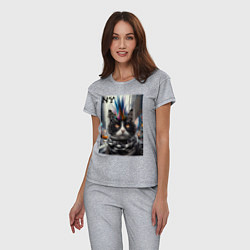 Пижама хлопковая женская Кот панк с разноцветным хаером - Нью-Йорк, цвет: меланж — фото 2
