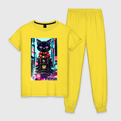 Женская пижама Котёнок в мегаполисе - киберпанк