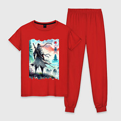 Пижама хлопковая женская Warrior samurai - ai art watercolor, цвет: красный