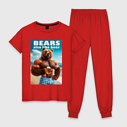 Пижама хлопковая женская Bear also like beer - slogan, цвет: красный