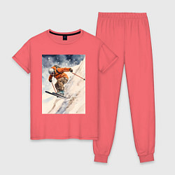 Пижама хлопковая женская Горные лыжи спортсмен, цвет: коралловый