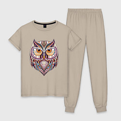 Пижама хлопковая женская Красочная совушка, цвет: миндальный