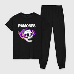 Пижама хлопковая женская Ramones - неоновый череп, цвет: черный