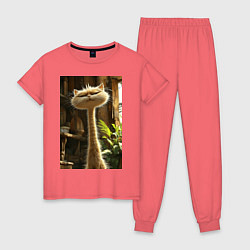 Пижама хлопковая женская Кот с длинной шеей, цвет: коралловый