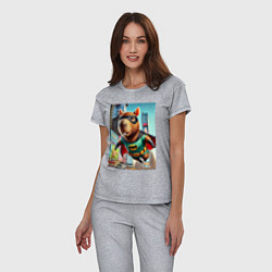 Пижама хлопковая женская Бэткапи летит над улицей Нью-Йорка, цвет: меланж — фото 2