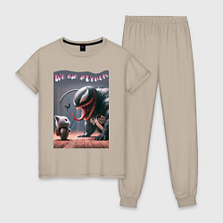 Пижама хлопковая женская Мультяшные Веном и котёнок - мем, цвет: миндальный