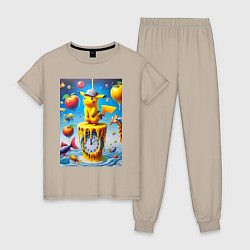 Пижама хлопковая женская Funny Pikachu and fishes - surrealism, цвет: миндальный