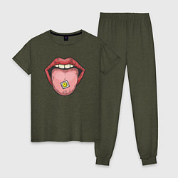 Пижама хлопковая женская Smiling lips, цвет: меланж-хаки