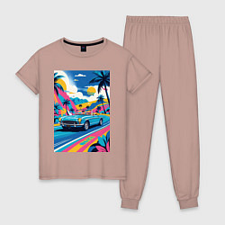 Пижама хлопковая женская Кабриолет едет по тропическому острову, цвет: пыльно-розовый