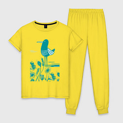 Пижама хлопковая женская Птичка и цветы в голубом, цвет: желтый