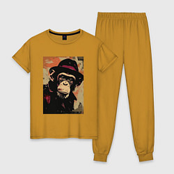 Пижама хлопковая женская Обезьянка детектив в шляпе, цвет: горчичный