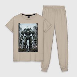 Пижама хлопковая женская Конвой роботов в городе, цвет: миндальный