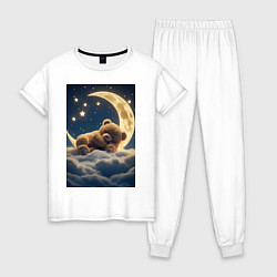 Пижама хлопковая женская Плюшевый мишка сидит на Луне, цвет: белый
