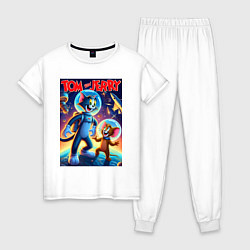 Пижама хлопковая женская Том и Джерри - неоновый космос, цвет: белый