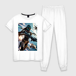 Пижама хлопковая женская Девушка-мандалорец летит в космосе, цвет: белый