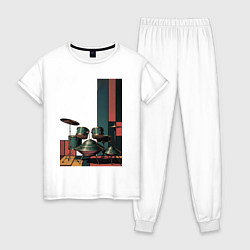 Пижама хлопковая женская Ретрофутуристическая барабанная установка поп-арт, цвет: белый