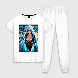 Пижама хлопковая женская Черная кошка с брилиантом на крыше здания, цвет: белый