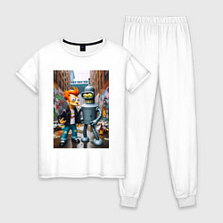 Пижама хлопковая женская Бендер и Фрай в Бронксе - нейроарт фантазия, цвет: белый