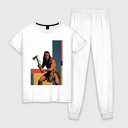 Пижама хлопковая женская Индеец с томагавком поп-арт, цвет: белый