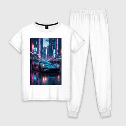 Пижама хлопковая женская Вечерняя поедка по городу, цвет: белый