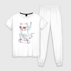 Пижама хлопковая женская Кот скейтбордист, цвет: белый