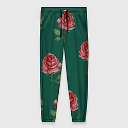 Женские брюки Ярко красные розы на темно-зеленом фоне