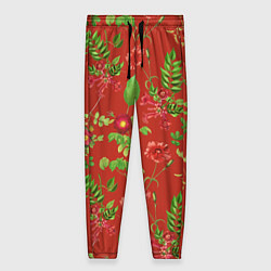 Брюки женские Паттерн из листьев на красном фоне, цвет: 3D-принт