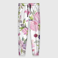 Женские брюки Летний красочный паттерн из цветков розы и ягод еж