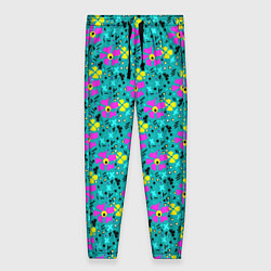 Женские брюки Яркий цветочный узор на бирюзовом фоне