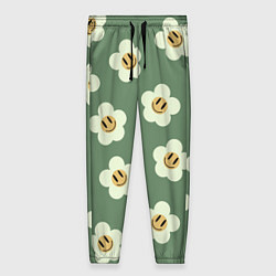 Женские брюки Цветочки-смайлики: темно-зеленый паттерн