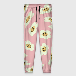 Женские брюки Искаженные смайлы-цветы на розовом паттер