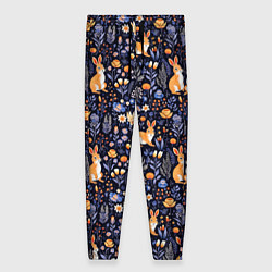 Женские брюки Оранжевые зайчики в траве на синем фоне