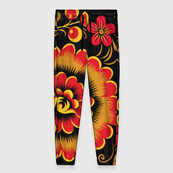 Женские брюки Хохломская роспись красно-жёлтые цветы на чёрном ф