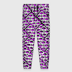 Брюки женские Фиолетово-белый узор на чёрном фоне, цвет: 3D-принт
