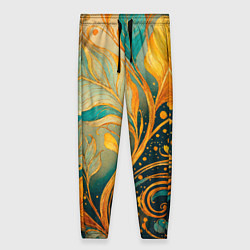Женские брюки Золотые и бирюзовые листья абстракция
